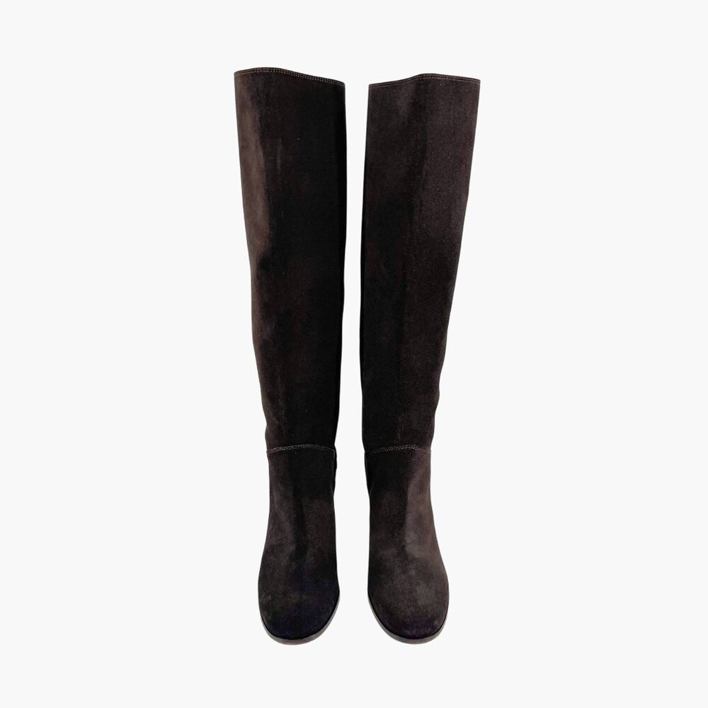 Chanel CC Dark Brown Suede Knee High Riding Boots Block Heel Size 37 US 6-6.5 - Picture 2 of 13